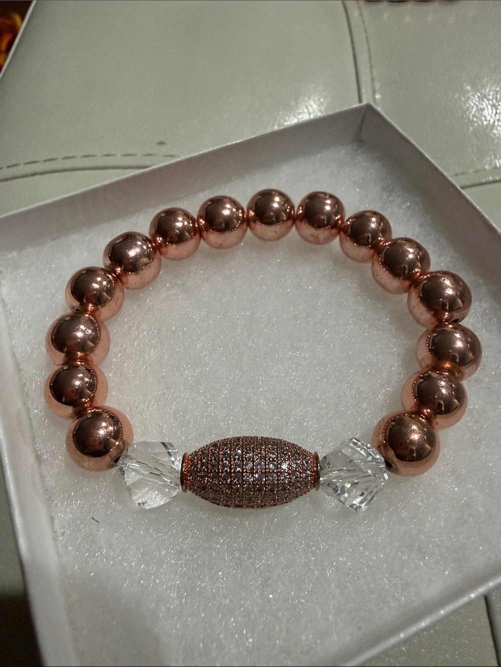 Rose Gold Beaded Stretch Bracelet with Crystal Accents